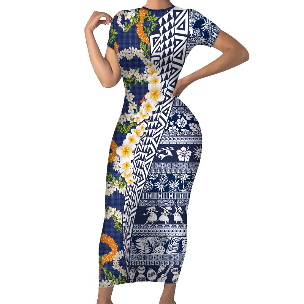Hawaiian Plumeria Lei Short Sleeve Bodycon Dress Kakau Motifs and Palaka Half Style Blue Color LT03 Long Dress Blue - Polynesian Pride