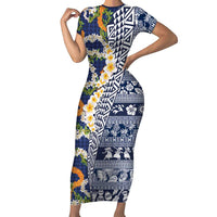 Hawaiian Plumeria Lei Short Sleeve Bodycon Dress Kakau Motifs and Palaka Half Style Blue Color LT03 Long Dress Blue - Polynesian Pride