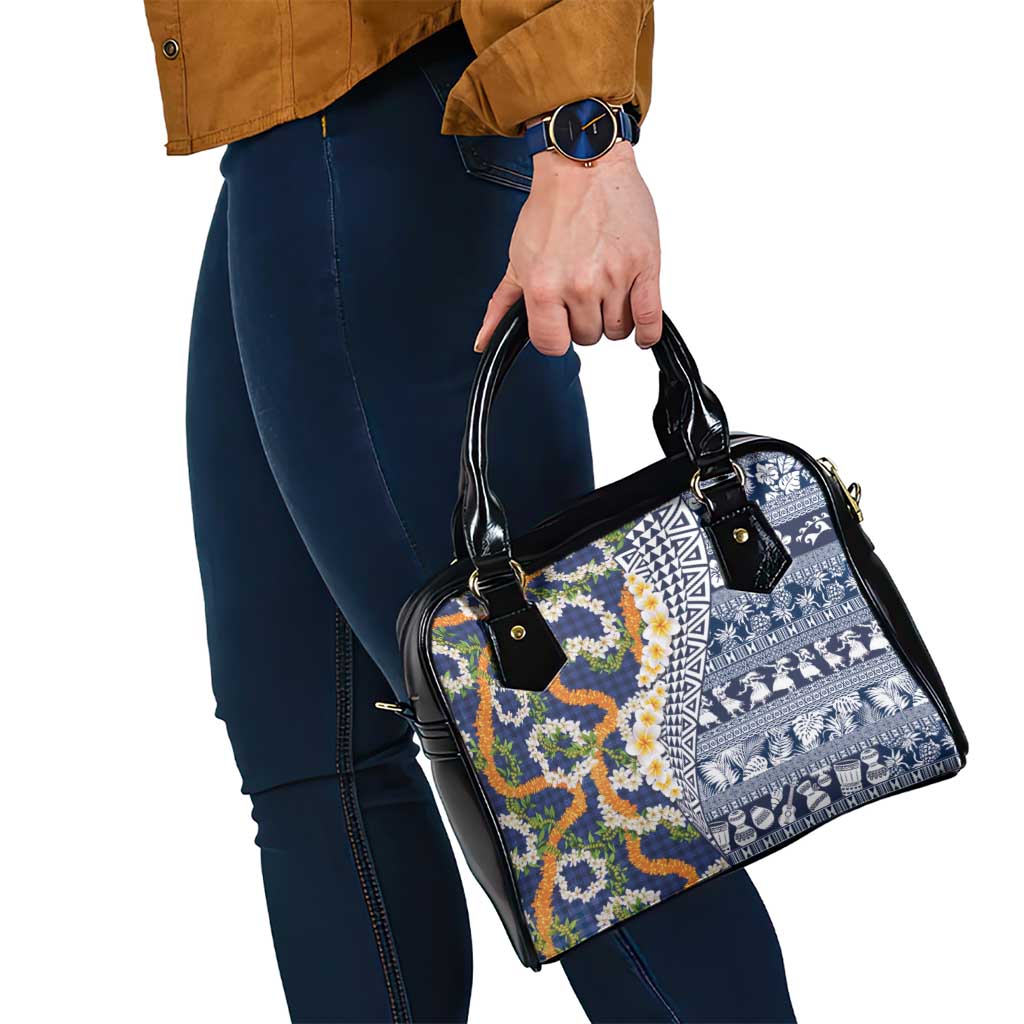 Hawaiian Plumeria Lei Shoulder Handbag Kakau Motifs and Palaka Half Style Blue Color - Polynesian Pride