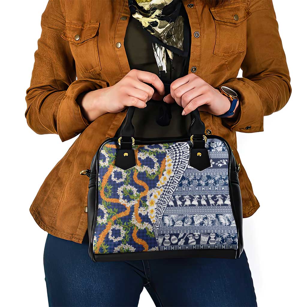 Hawaiian Plumeria Lei Shoulder Handbag Kakau Motifs and Palaka Half Style Blue Color - Polynesian Pride