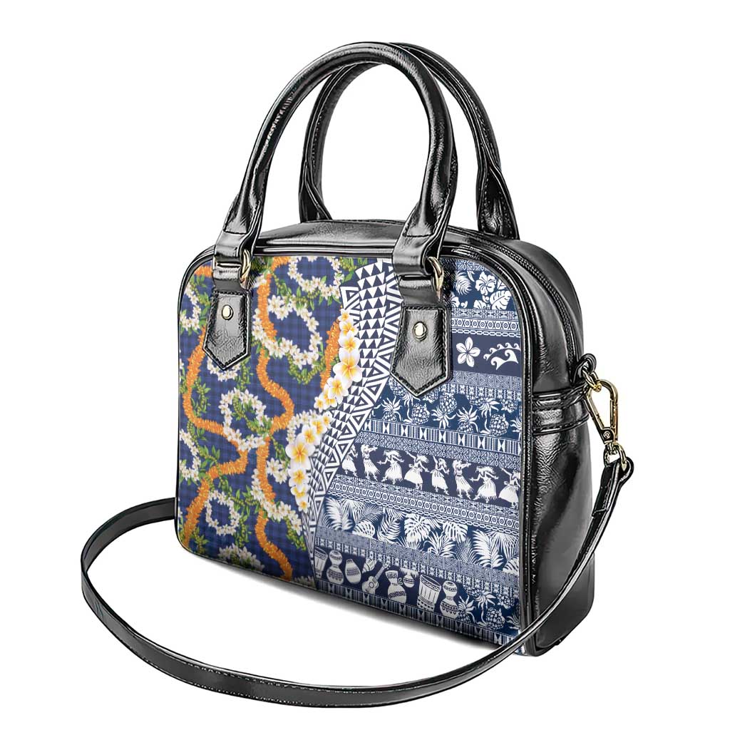 Hawaiian Plumeria Lei Shoulder Handbag Kakau Motifs and Palaka Half Style Blue Color - Polynesian Pride