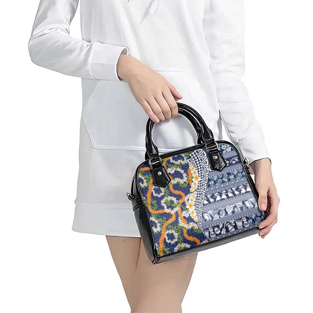 Hawaiian Plumeria Lei Shoulder Handbag Kakau Motifs and Palaka Half Style Blue Color - Polynesian Pride