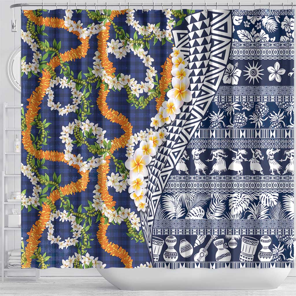 Hawaiian Plumeria Lei Shower Curtain Kakau Motifs and Palaka Half Style Blue Color - Polynesian Pride
