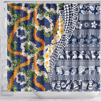 Hawaiian Plumeria Lei Shower Curtain Kakau Motifs and Palaka Half Style Blue Color - Polynesian Pride