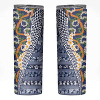 Hawaiian Plumeria Lei Skinny Tumbler Kakau Motifs and Palaka Half Style Blue Color LT03 Blue - Polynesian Pride
