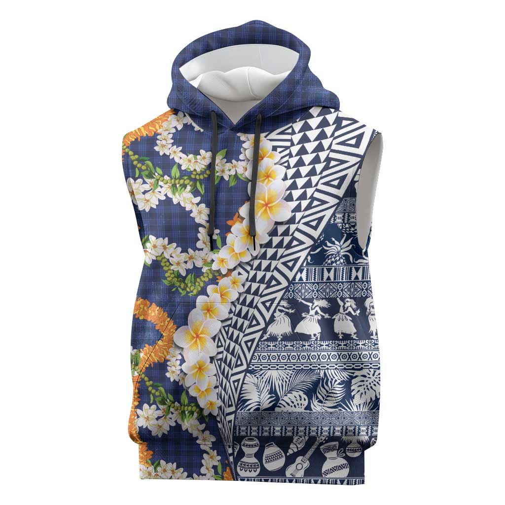 Hawaiian Plumeria Lei Sleeveless Hoodie Kakau Motifs and Palaka Half Style Blue Color LT03 Blue - Polynesian Pride