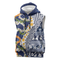 Hawaiian Plumeria Lei Sleeveless Hoodie Kakau Motifs and Palaka Half Style Blue Color LT03 Blue - Polynesian Pride