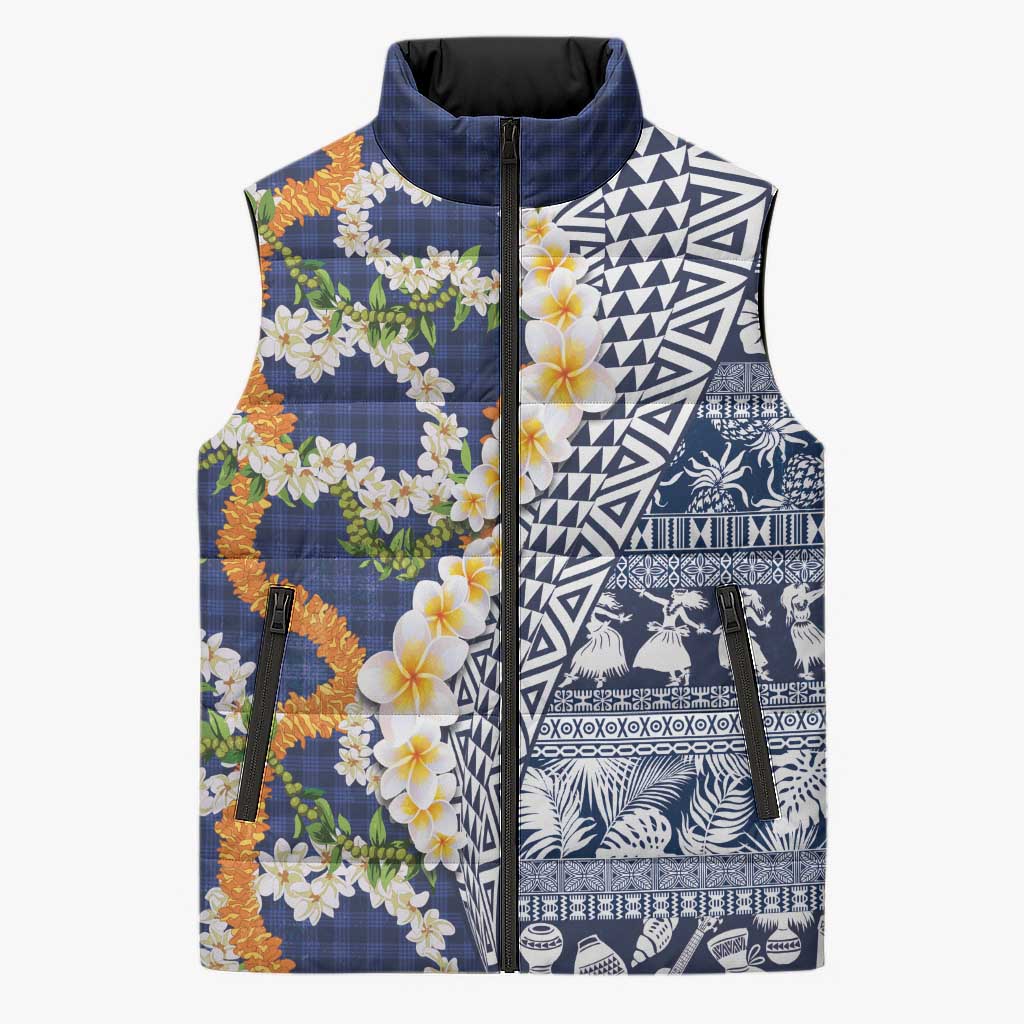 Hawaiian Plumeria Lei Sleeveless Puffer Jacket Kakau Motifs and Palaka Half Style Blue Color - Polynesian Pride