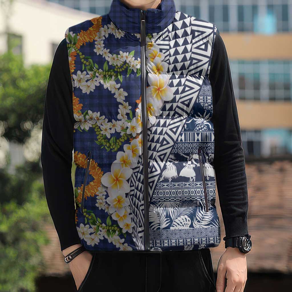 Hawaiian Plumeria Lei Sleeveless Puffer Jacket Kakau Motifs and Palaka Half Style Blue Color - Polynesian Pride