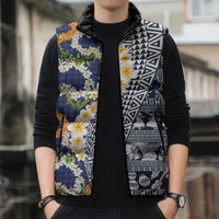 Hawaiian Plumeria Lei Sleeveless Puffer Jacket Kakau Motifs and Palaka Half Style Blue Color - Polynesian Pride