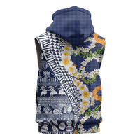 Hawaiian Plumeria Lei Sleeveless Zip Hoodie Kakau Motifs and Palaka Half Style Blue Color LT03 - Polynesian Pride
