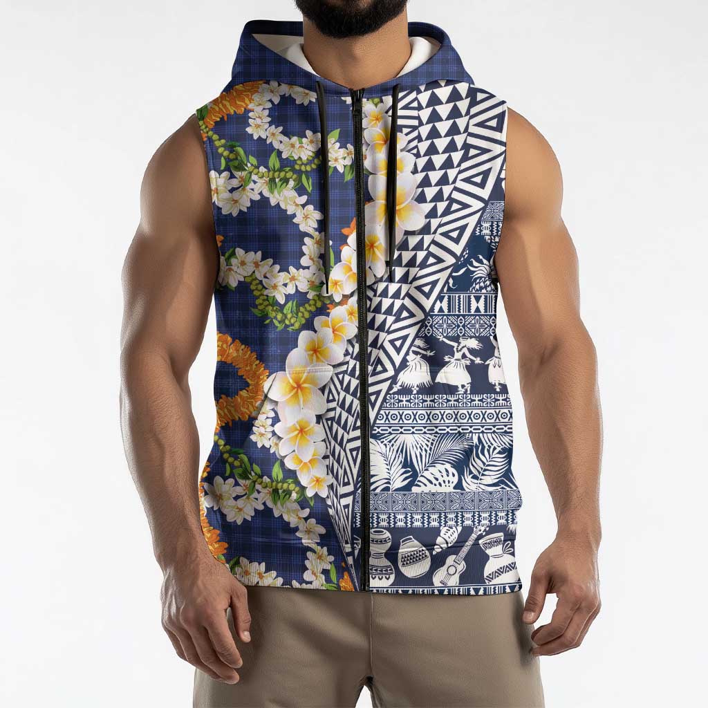 Hawaiian Plumeria Lei Sleeveless Zip Hoodie Kakau Motifs and Palaka Half Style Blue Color LT03 - Polynesian Pride