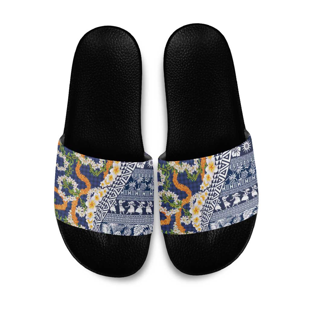 Hawaiian Plumeria Lei Slide Sandals Kakau Motifs and Palaka Half Style Blue Color - Polynesian Pride