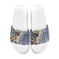 Hawaiian Plumeria Lei Slide Sandals Kakau Motifs and Palaka Half Style Blue Color - Polynesian Pride