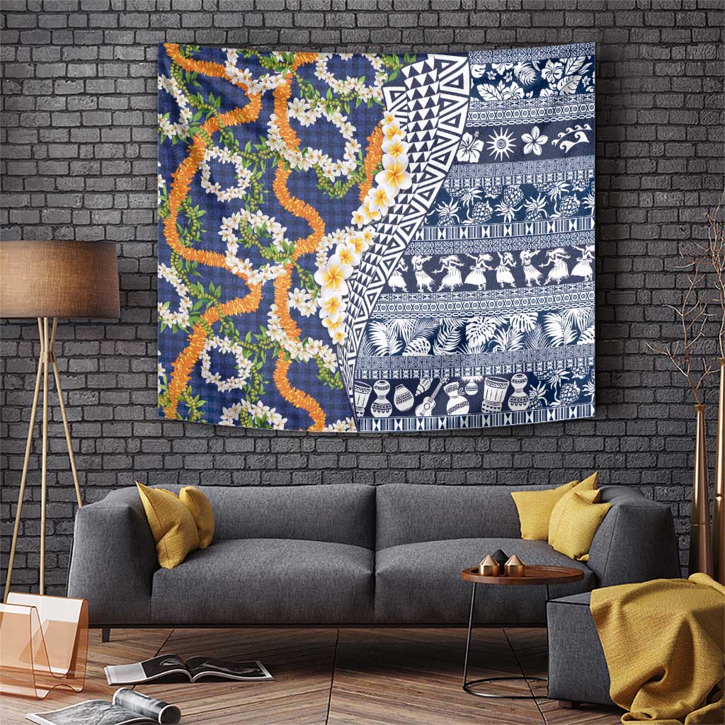 Hawaiian Plumeria Lei Tapestry Kakau Motifs and Palaka Half Style Blue Color - Polynesian Pride