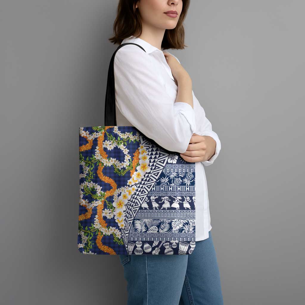 Hawaiian Plumeria Lei Tote Bag Kakau Motifs and Palaka Half Style Blue Color - Polynesian Pride