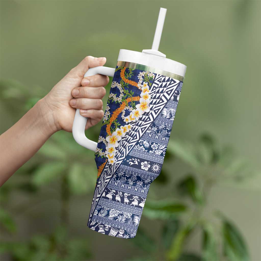 Hawaiian Plumeria Lei Tumbler With Handle Kakau Motifs and Palaka Half Style Blue Color - Polynesian Pride