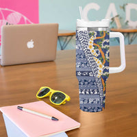 Hawaiian Plumeria Lei Tumbler With Handle Kakau Motifs and Palaka Half Style Blue Color - Polynesian Pride