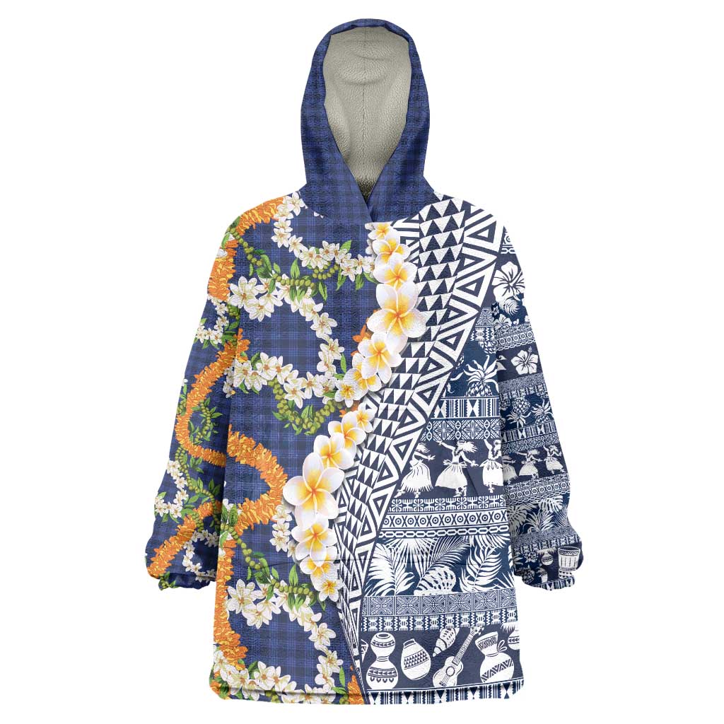 Hawaiian Plumeria Lei Wearable Blanket Hoodie Kakau Motifs and Palaka Half Style Blue Color LT03 One Size Blue - Polynesian Pride