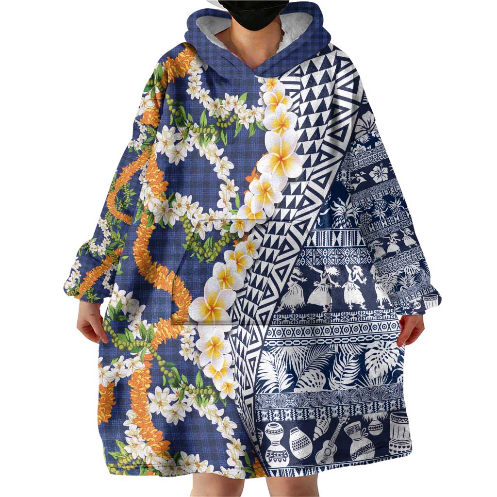 Hawaiian Plumeria Lei Wearable Blanket Hoodie Kakau Motifs and Palaka Half Style Blue Color LT03 - Polynesian Pride