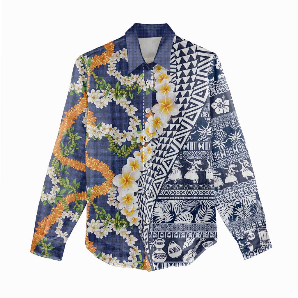 Hawaiian Plumeria Lei Women Casual Shirt Kakau Motifs and Palaka Half Style Blue Color - Polynesian Pride