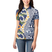 Hawaiian Plumeria Lei Women Polo Shirt Kakau Motifs and Palaka Half Style Blue Color LT03 - Polynesian Pride