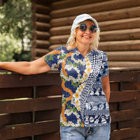 Hawaiian Plumeria Lei Women Polo Shirt Kakau Motifs and Palaka Half Style Blue Color LT03 - Polynesian Pride