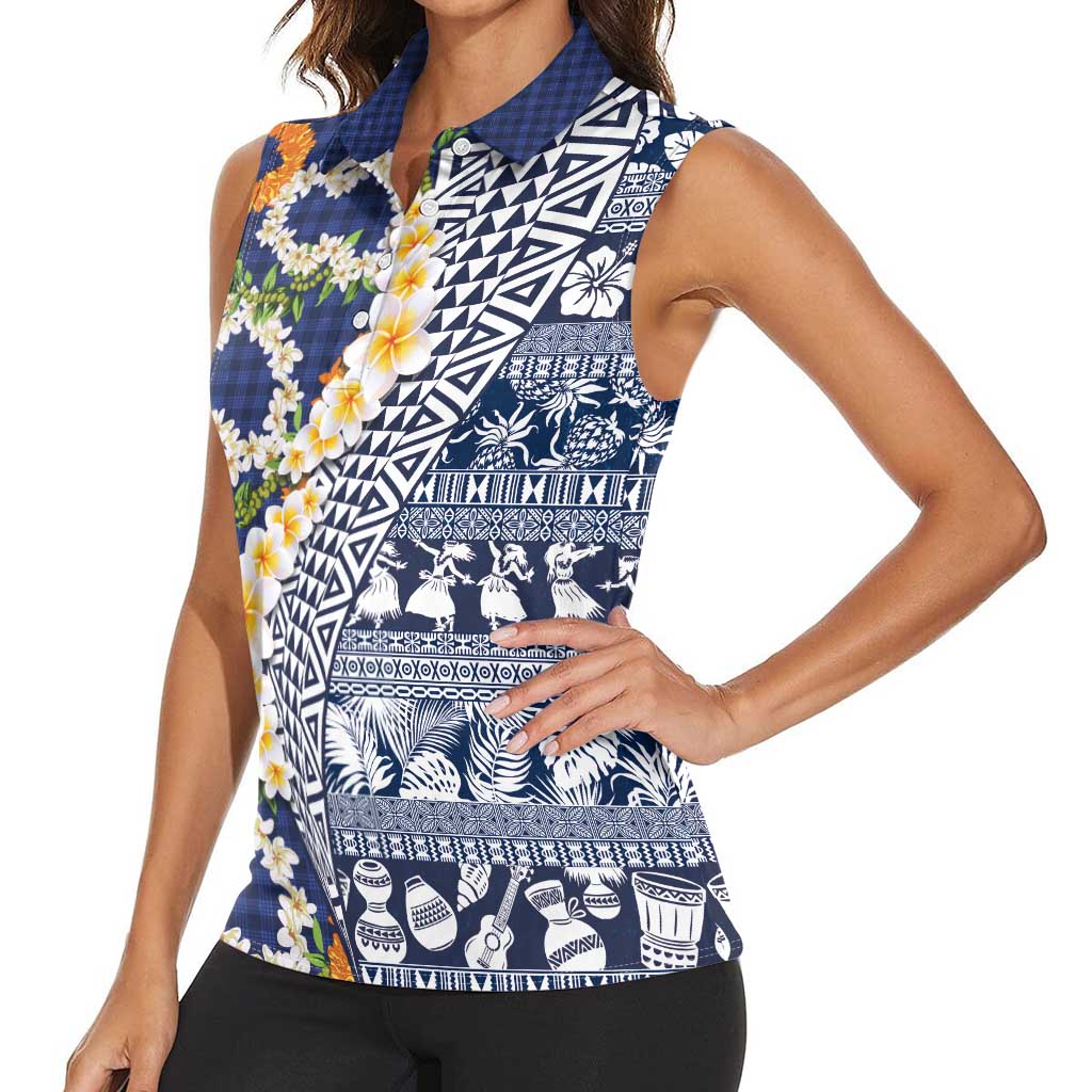 Hawaiian Plumeria Lei Women Sleeveless Polo Shirt Kakau Motifs and Palaka Half Style Blue Color LT03 - Polynesian Pride