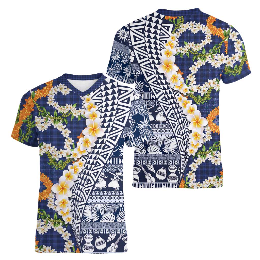 Hawaiian Plumeria Lei Women V-Neck T-Shirt Kakau Motifs and Palaka Half Style Blue Color LT03 - Polynesian Pride