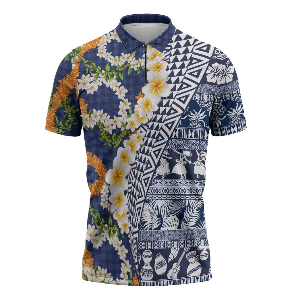 Hawaiian Plumeria Lei Zipper Polo Shirt Kakau Motifs and Palaka Half Style Blue Color LT03 Blue - Polynesian Pride