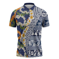 Hawaiian Plumeria Lei Zipper Polo Shirt Kakau Motifs and Palaka Half Style Blue Color LT03 Blue - Polynesian Pride