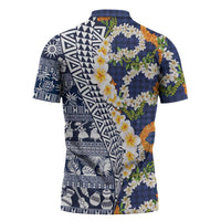 Hawaiian Plumeria Lei Zipper Polo Shirt Kakau Motifs and Palaka Half Style Blue Color LT03 - Polynesian Pride