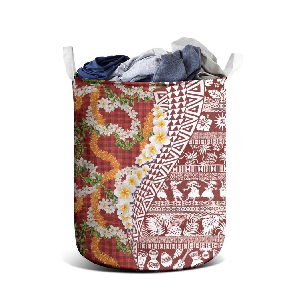 Hawaiian Plumeria Lei Laundry Basket Kakau Motifs and Palaka Half Style Red Color - Polynesian Pride