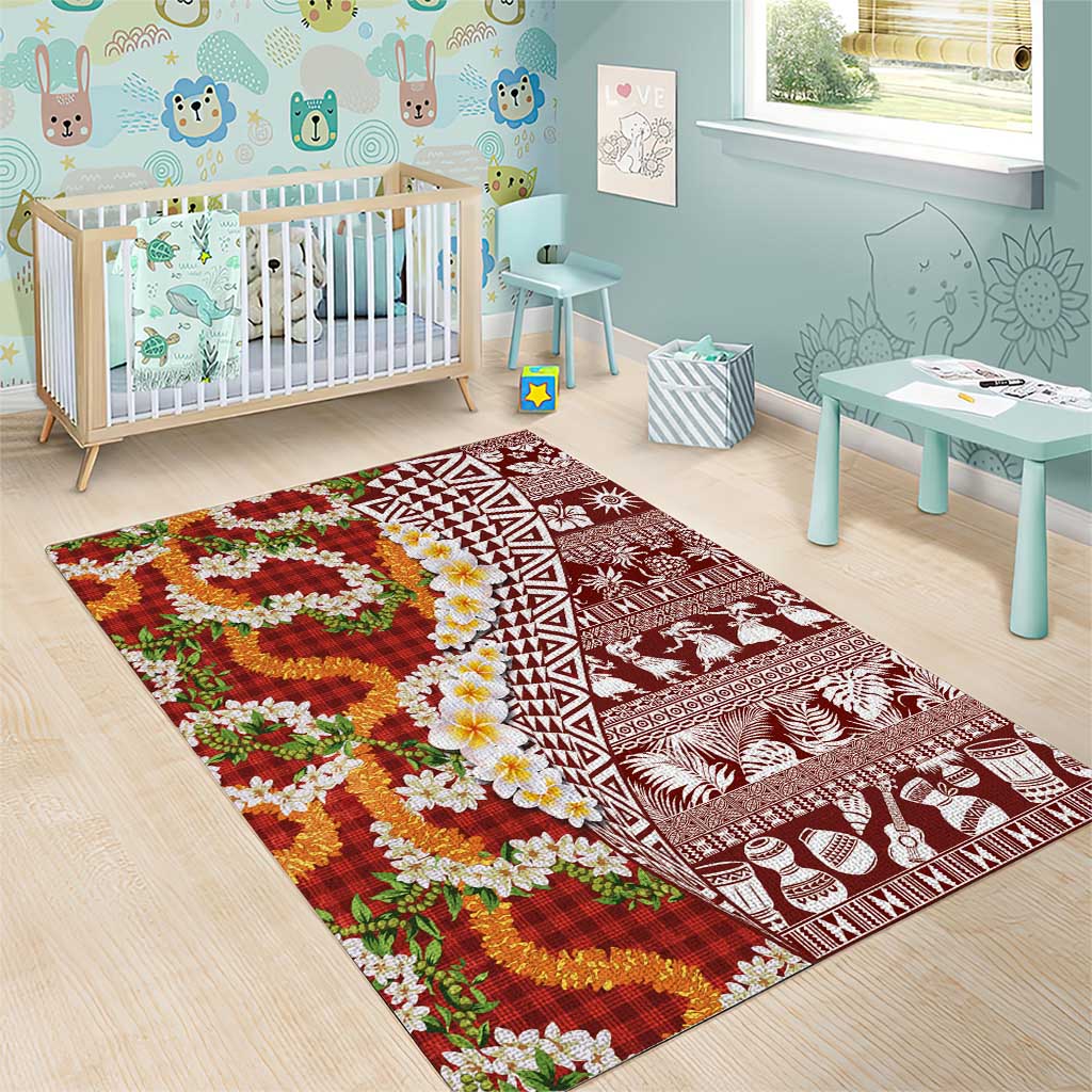 Hawaiian Plumeria Lei Area Rug Kakau Motifs and Palaka Half Style Red Color - Polynesian Pride