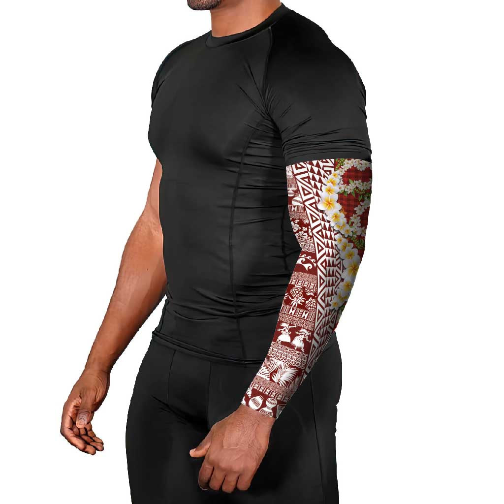 Hawaiian Plumeria Lei Arm Sleeves Kakau Motifs and Palaka Half Style Red Color - Polynesian Pride