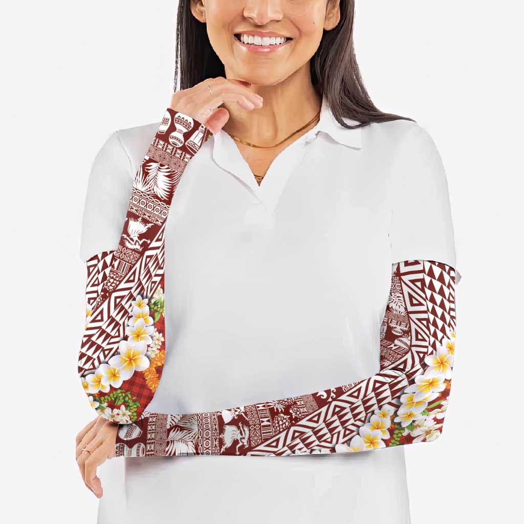 Hawaiian Plumeria Lei Arm Sleeves Kakau Motifs and Palaka Half Style Red Color - Polynesian Pride