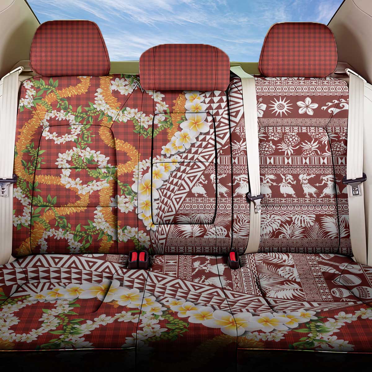 Hawaiian Plumeria Lei Back Car Seat Cover Kakau Motifs and Palaka Half Style Red Color - Polynesian Pride