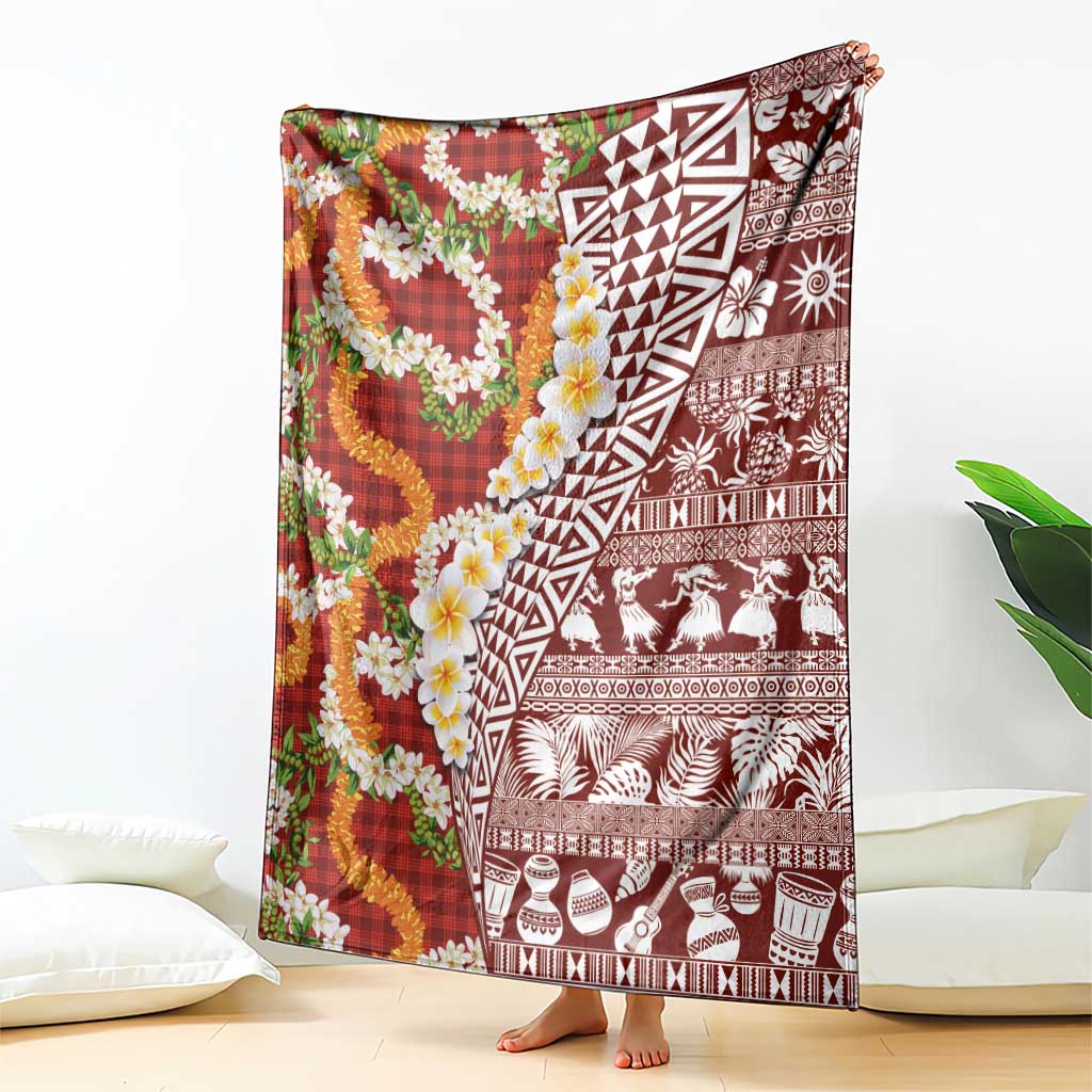 Hawaiian Plumeria Lei Blanket Kakau Motifs and Palaka Half Style Red Color - Polynesian Pride