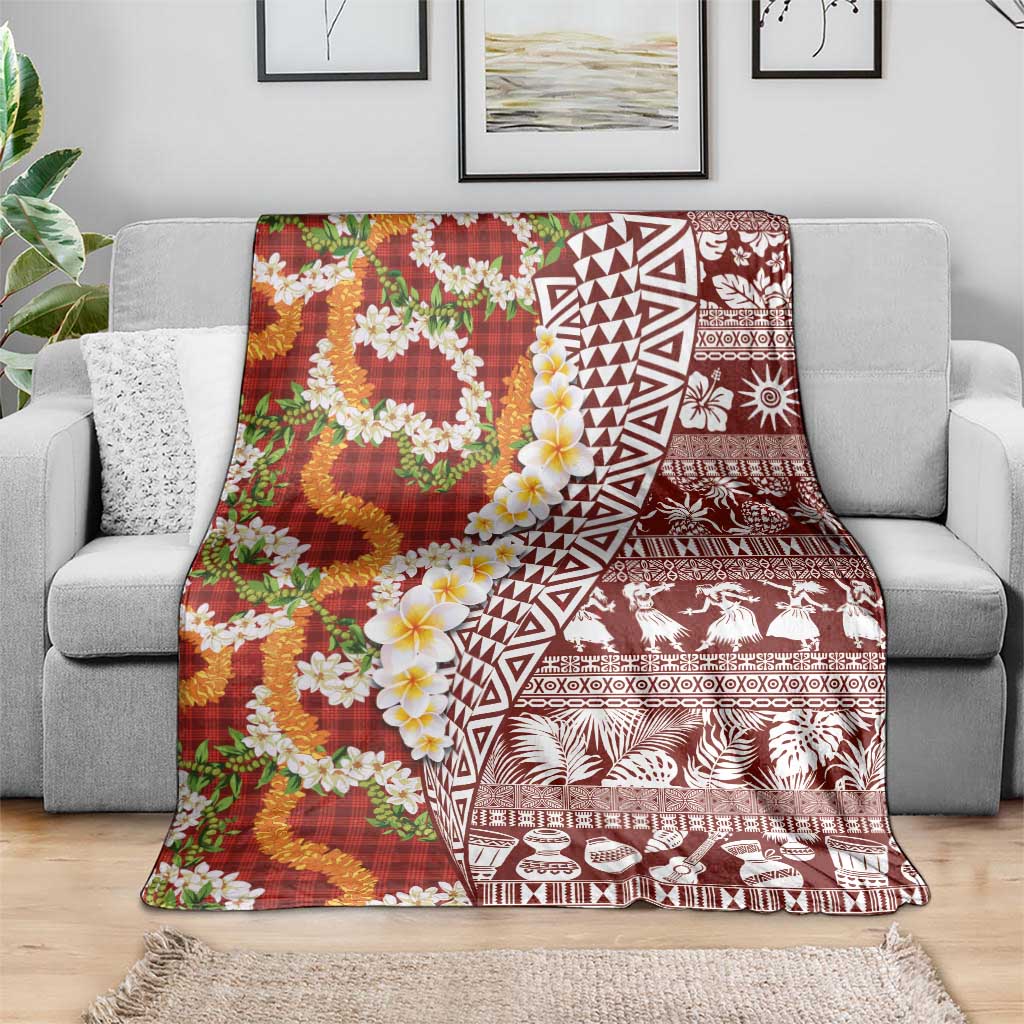 Hawaiian Plumeria Lei Blanket Kakau Motifs and Palaka Half Style Red Color - Polynesian Pride