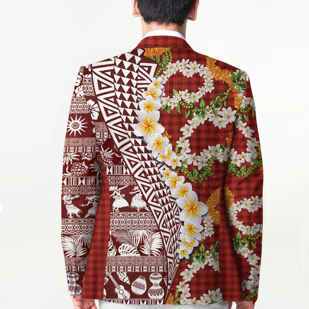 Hawaiian Plumeria Lei Blazer Kakau Motifs and Palaka Half Style Red Color - Polynesian Pride