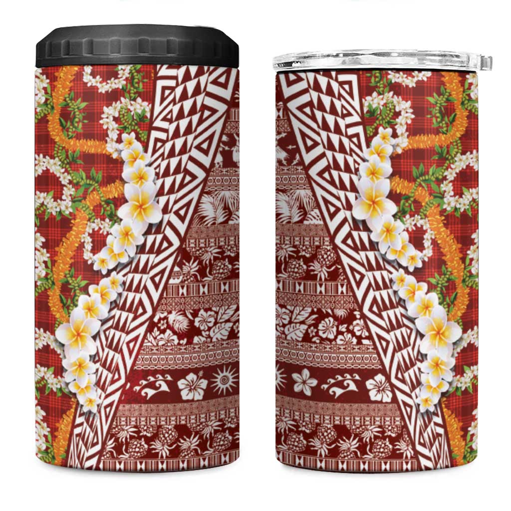 Hawaiian Plumeria Lei 4 in 1 Can Cooler Tumbler Kakau Motifs and Palaka Half Style Red Color LT03 One Size: 16 oz Red - Polynesian Pride