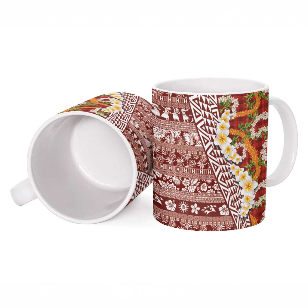 Hawaiian Plumeria Lei Ceramic Mug Kakau Motifs and Palaka Half Style Red Color - Polynesian Pride