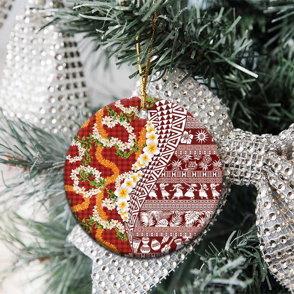 Hawaiian Plumeria Lei Ceramic Ornament Kakau Motifs and Palaka Half Style Red Color - Polynesian Pride