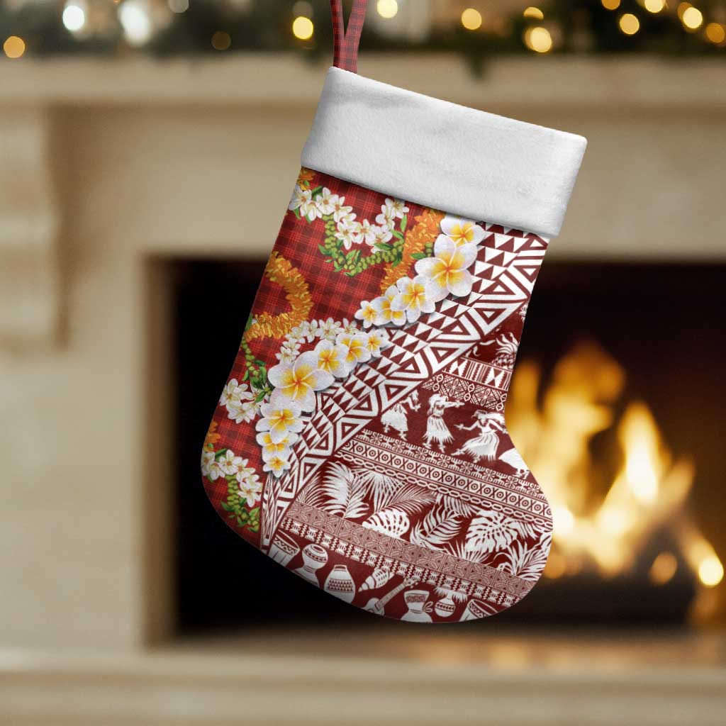 Hawaiian Plumeria Lei Christmas Stocking Kakau Motifs and Palaka Half Style Red Color - Polynesian Pride