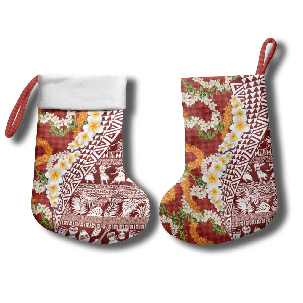 Hawaiian Plumeria Lei Christmas Stocking Kakau Motifs and Palaka Half Style Red Color - Polynesian Pride