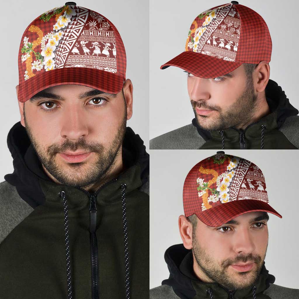 Hawaiian Plumeria Lei Classic Cap Kakau Motifs and Palaka Half Style Red Color - Polynesian Pride