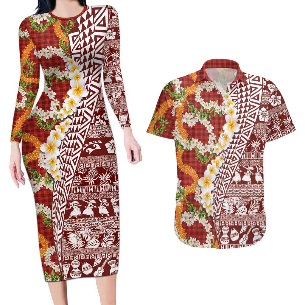 Hawaiian Plumeria Lei Couples Matching Long Sleeve Bodycon Dress and Hawaiian Shirt Kakau Motifs and Palaka Half Style Red Color LT03 Red - Polynesian Pride