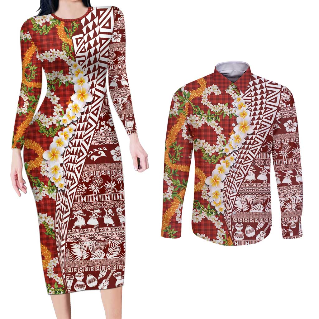 Hawaiian Plumeria Lei Couples Matching Long Sleeve Bodycon Dress and Long Sleeve Button Shirt Kakau Motifs and Palaka Half Style Red Color LT03 Red - Polynesian Pride