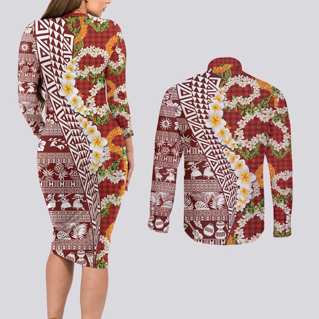 Hawaiian Plumeria Lei Couples Matching Long Sleeve Bodycon Dress and Long Sleeve Button Shirt Kakau Motifs and Palaka Half Style Red Color LT03 - Polynesian Pride