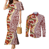 Hawaiian Plumeria Lei Couples Matching Mermaid Dress and Long Sleeve Button Shirt Kakau Motifs and Palaka Half Style Red Color LT03 Red - Polynesian Pride